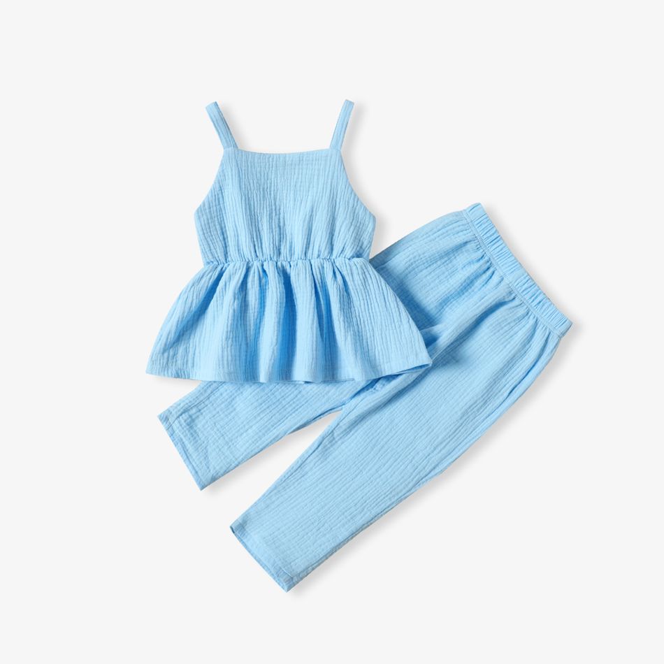 2pcs Toddler Girl 100% Cotton Solid Color Peplum Crepw Camisole and Elasticized Pants Set Blue