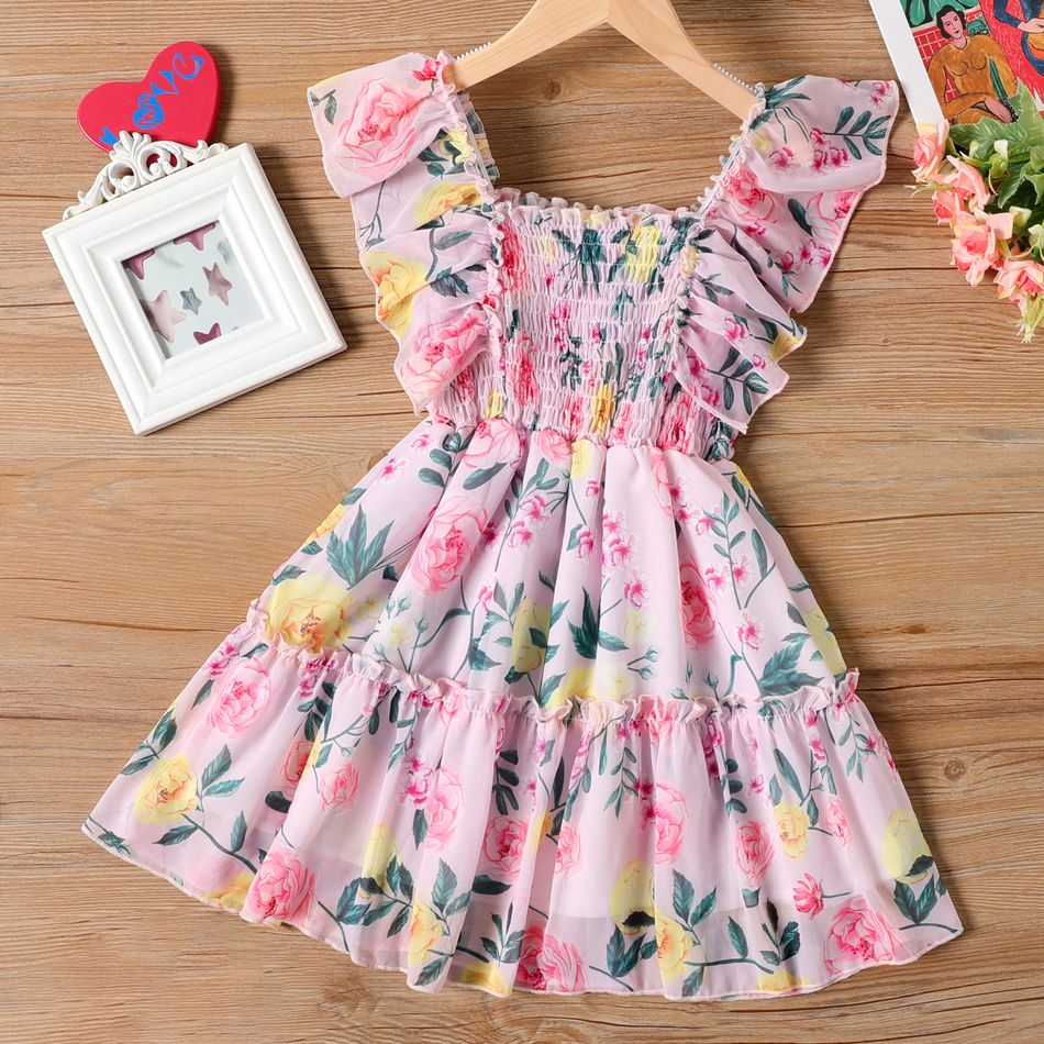 Kid Girl Floral Print Smocked Flounce Sleeveless Tiered Chiffon Dress Multi-color