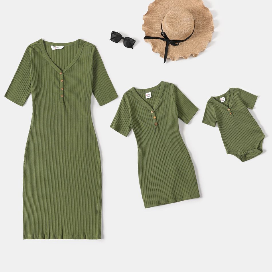 Ribbed Solid Half-sleeve Matching Green Midi Dresses Army green