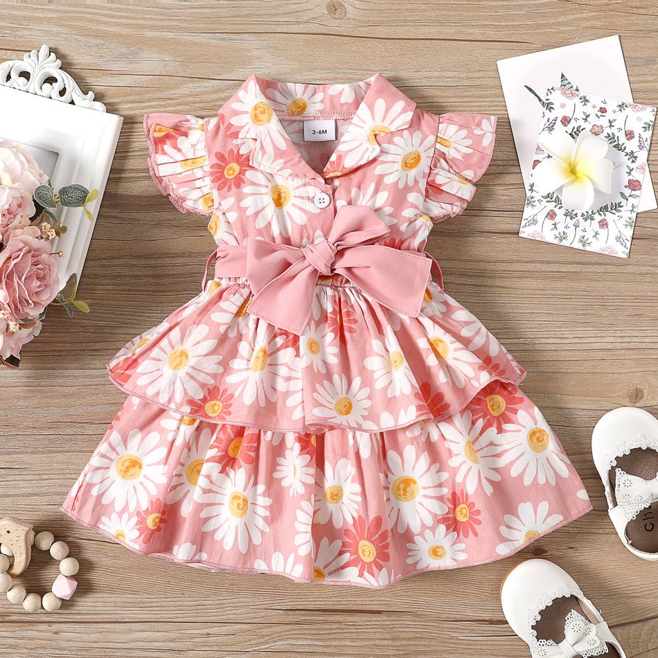 100% Cotton Baby Girl All Over Daisy Floral Print Pink Lapel Button Up Flutter-sleeve Belted Layered Dress Light Pink