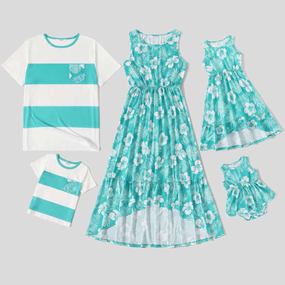 Family Matching Floral Print Sleeveless Irregular Hem Dresses and Short-sleeve Colorblock T-shirts Sets Turquoise