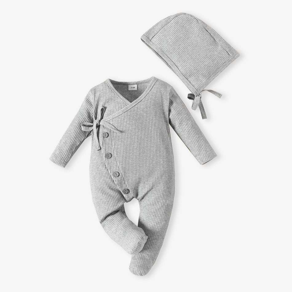 2pcs Baby Cotton Ribbed Solid Long-sleeve Footed Jumpsuit Set Light Grey big image 1
