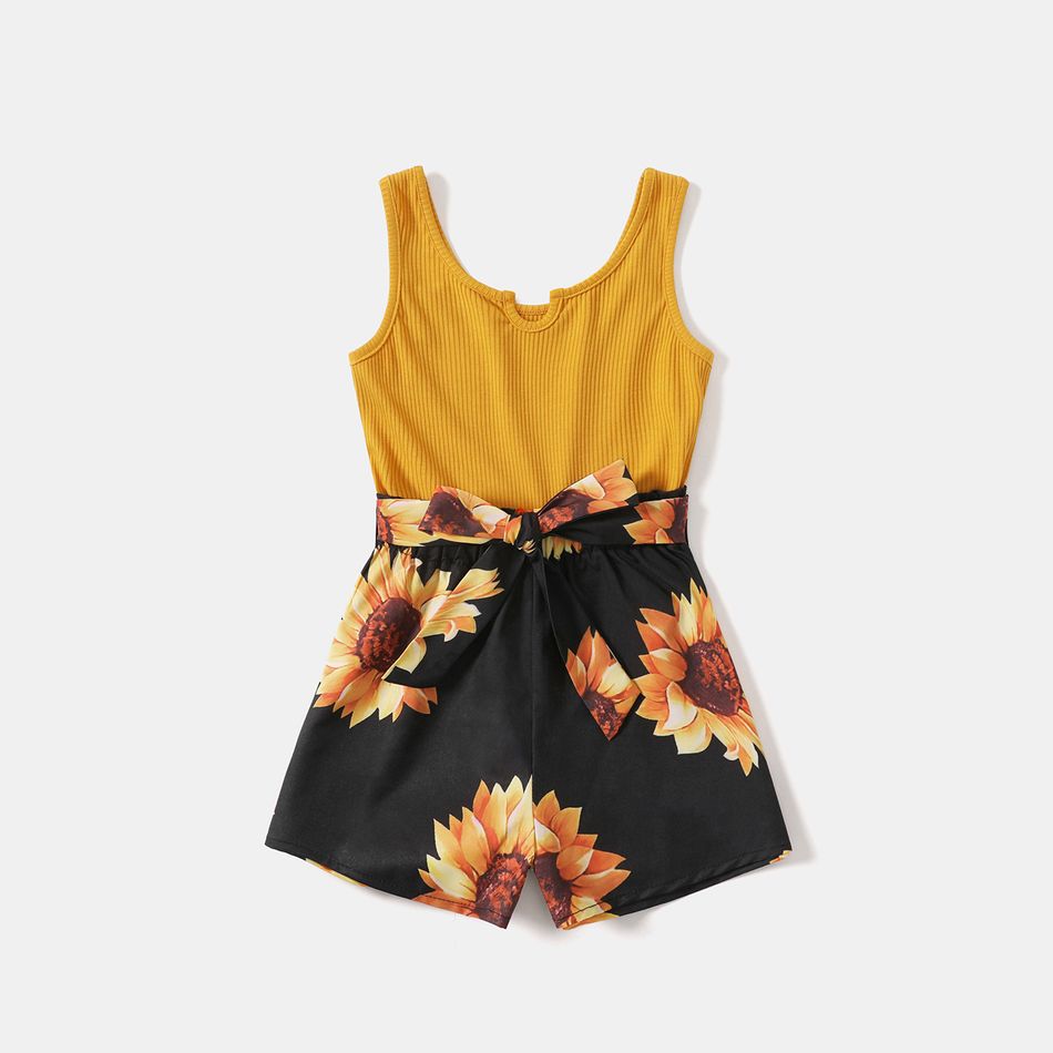 Yellow Ribbed Splicing Sunflower Floral Print Belted Sleeveless Romper for Mom and Me Yellow big image 6