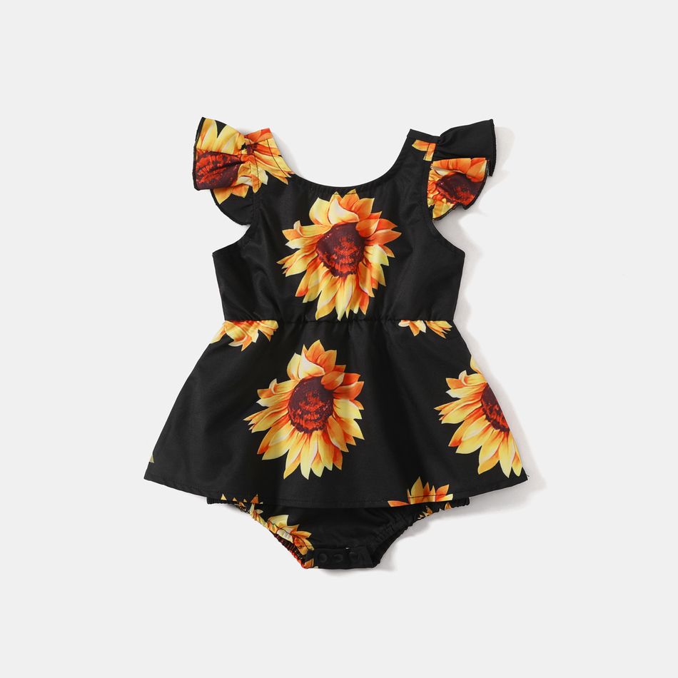 Yellow Ribbed Splicing Sunflower Floral Print Belted Sleeveless Romper for Mom and Me Yellow big image 7