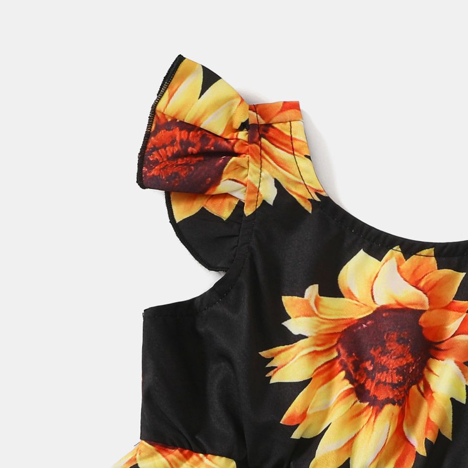 Yellow Ribbed Splicing Sunflower Floral Print Belted Sleeveless Romper for Mom and Me Yellow big image 8