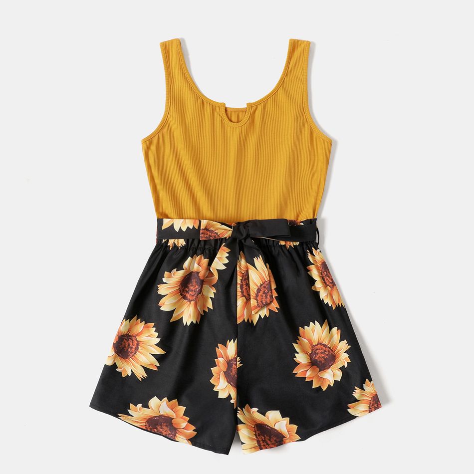 Yellow Ribbed Splicing Sunflower Floral Print Belted Sleeveless Romper for Mom and Me Yellow big image 2