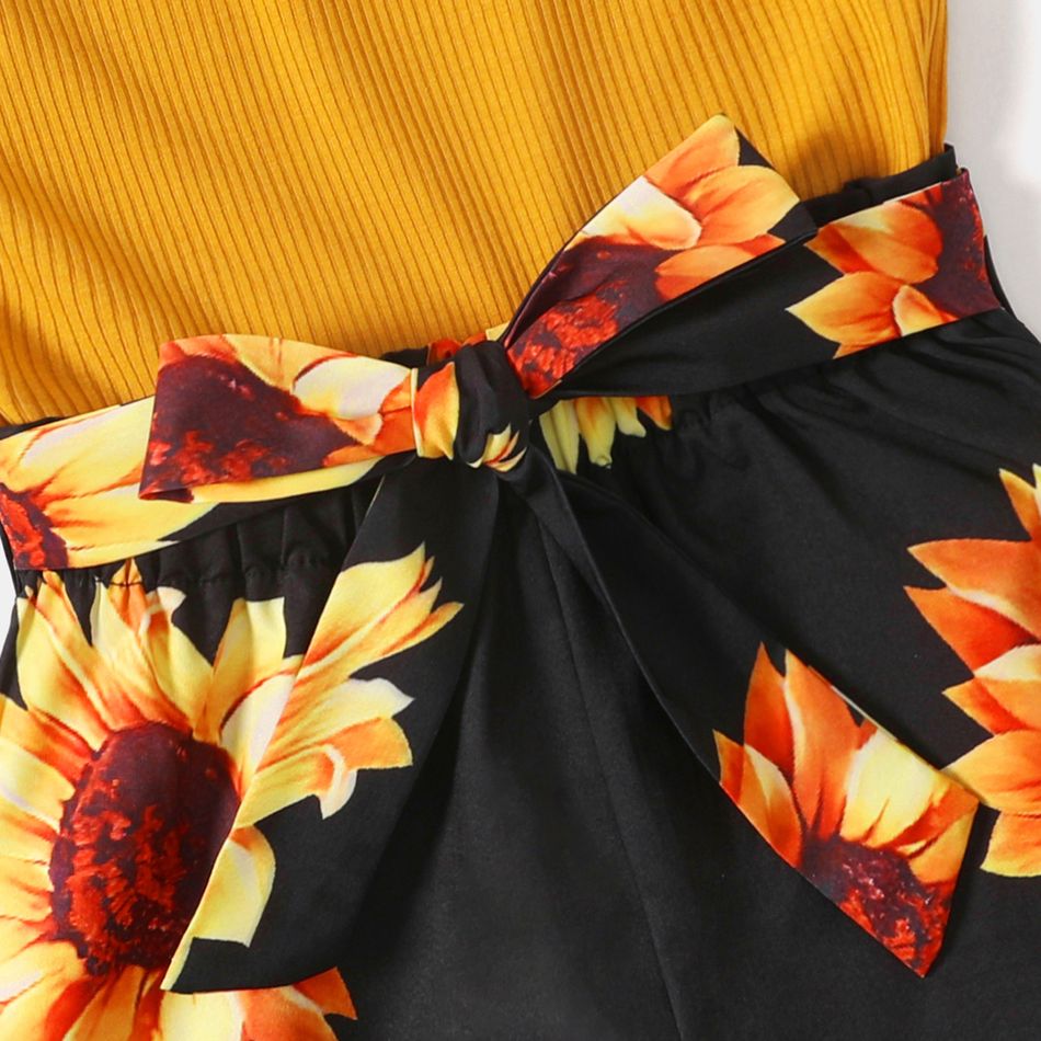 Yellow Ribbed Splicing Sunflower Floral Print Belted Sleeveless Romper for Mom and Me Yellow big image 4