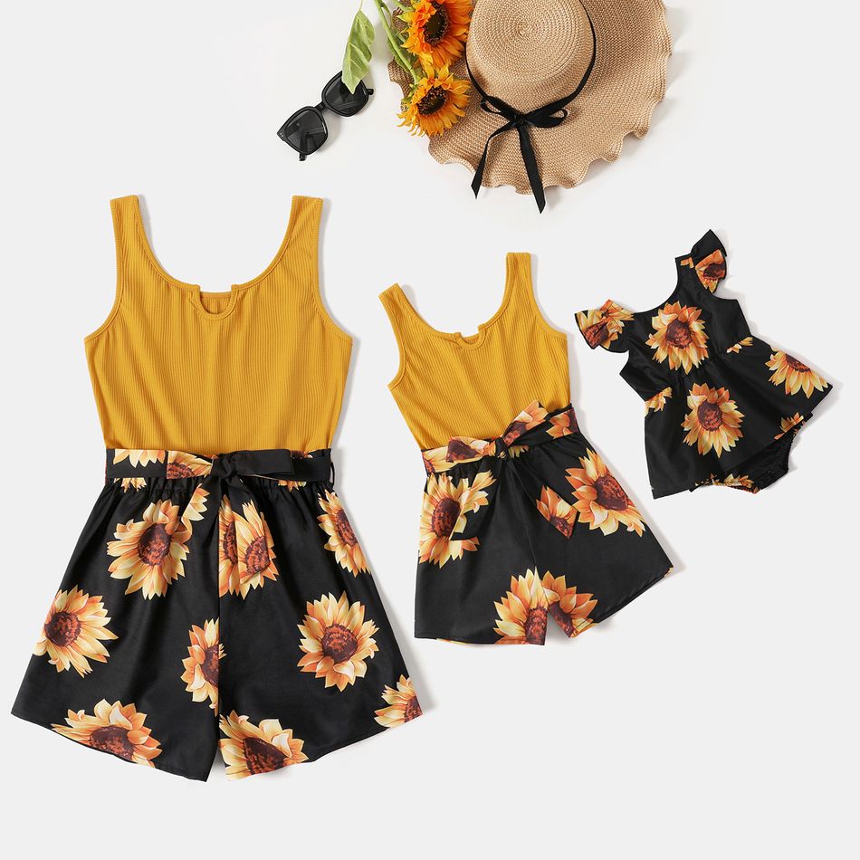 Yellow Ribbed Splicing Sunflower Floral Print Belted Sleeveless Romper for Mom and Me Yellow big image 1