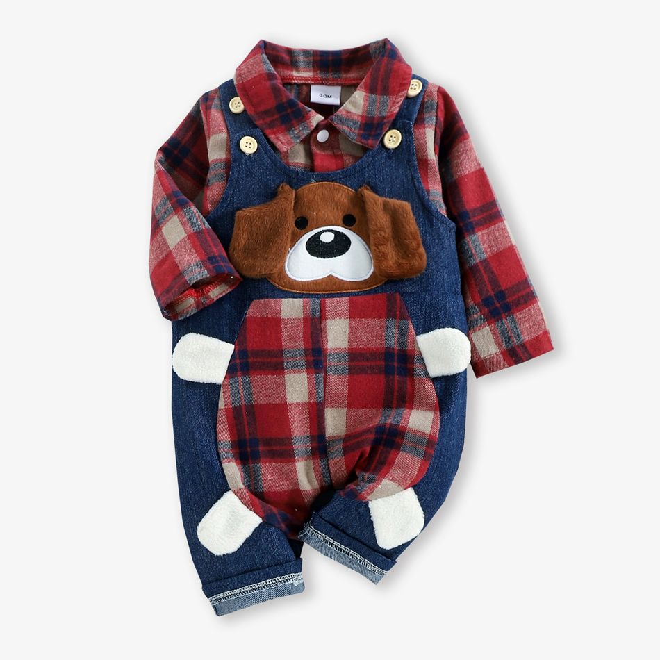 2pcs Baby Red Plaid Long-sleeve Shirt Romper and 100% Cotton Denim Overalls Set Red big image 12