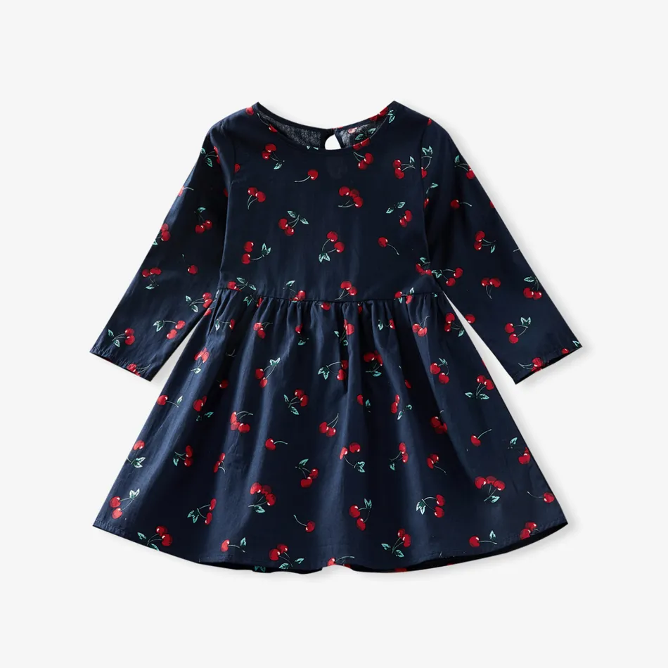 Baby / Toddler Girl Cherry Print Long-sleeve Dress Dark Blue/white