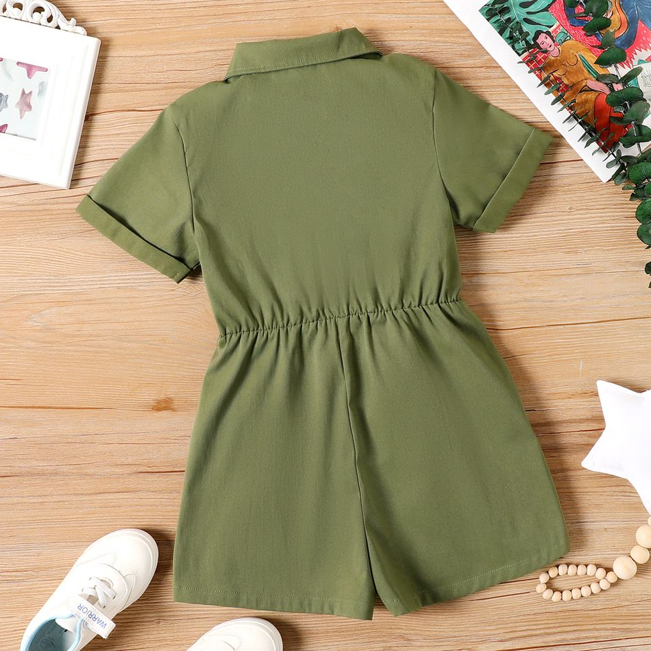 Kid Girl Solid Color Lapel Collar Bowknot Button Design Short-sleeve Rompers Army green big image 2
