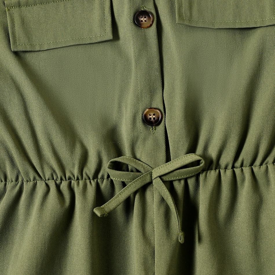 Kid Girl Solid Color Lapel Collar Bowknot Button Design Short-sleeve Rompers Army green big image 4