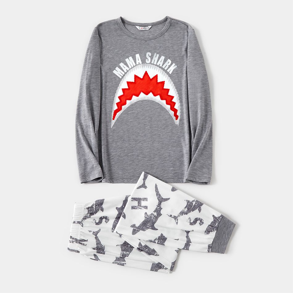Family Matching Grey Long-sleeve Letter and Shark Print Pajamas Sets (Flame Resistant) flowergrey big image 9