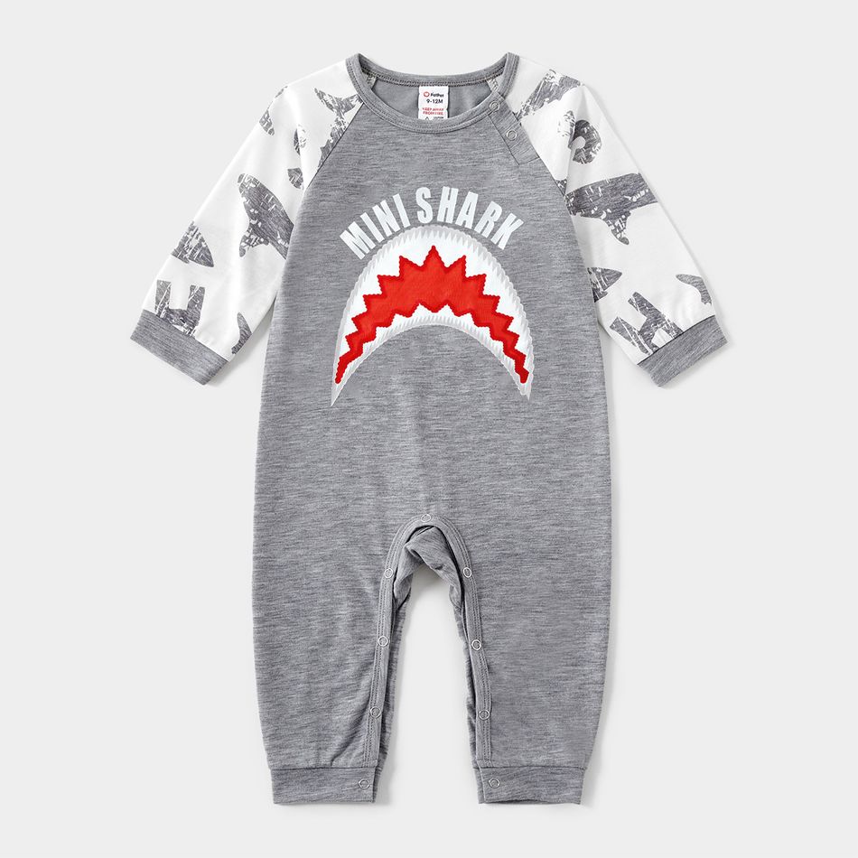 Family Matching Grey Long-sleeve Letter and Shark Print Pajamas Sets (Flame Resistant) flowergrey big image 10