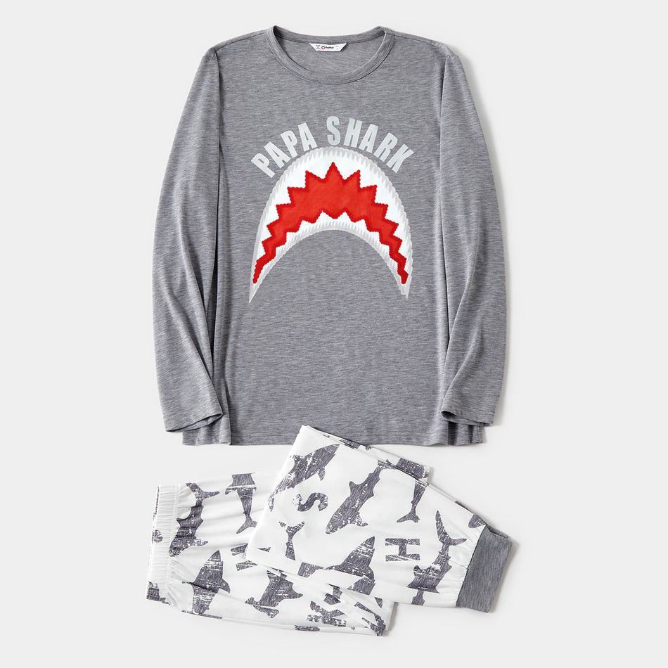 Family Matching Grey Long-sleeve Letter and Shark Print Pajamas Sets (Flame Resistant) flowergrey big image 2