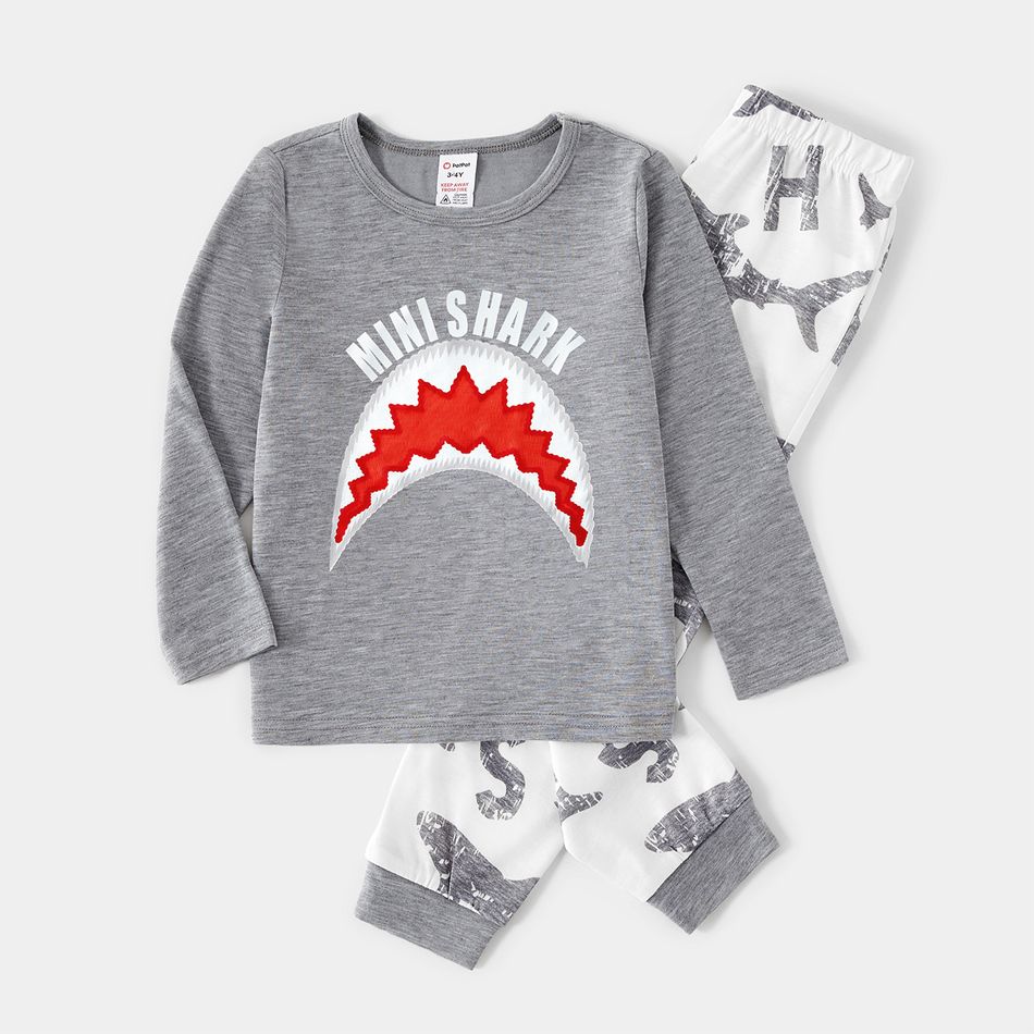 Family Matching Grey Long-sleeve Letter and Shark Print Pajamas Sets (Flame Resistant) flowergrey big image 8