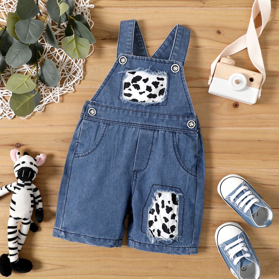 Baby Boy/Girl Cow Print Patch Ripped Denim Overalls Shorts Deep Blue big image 1