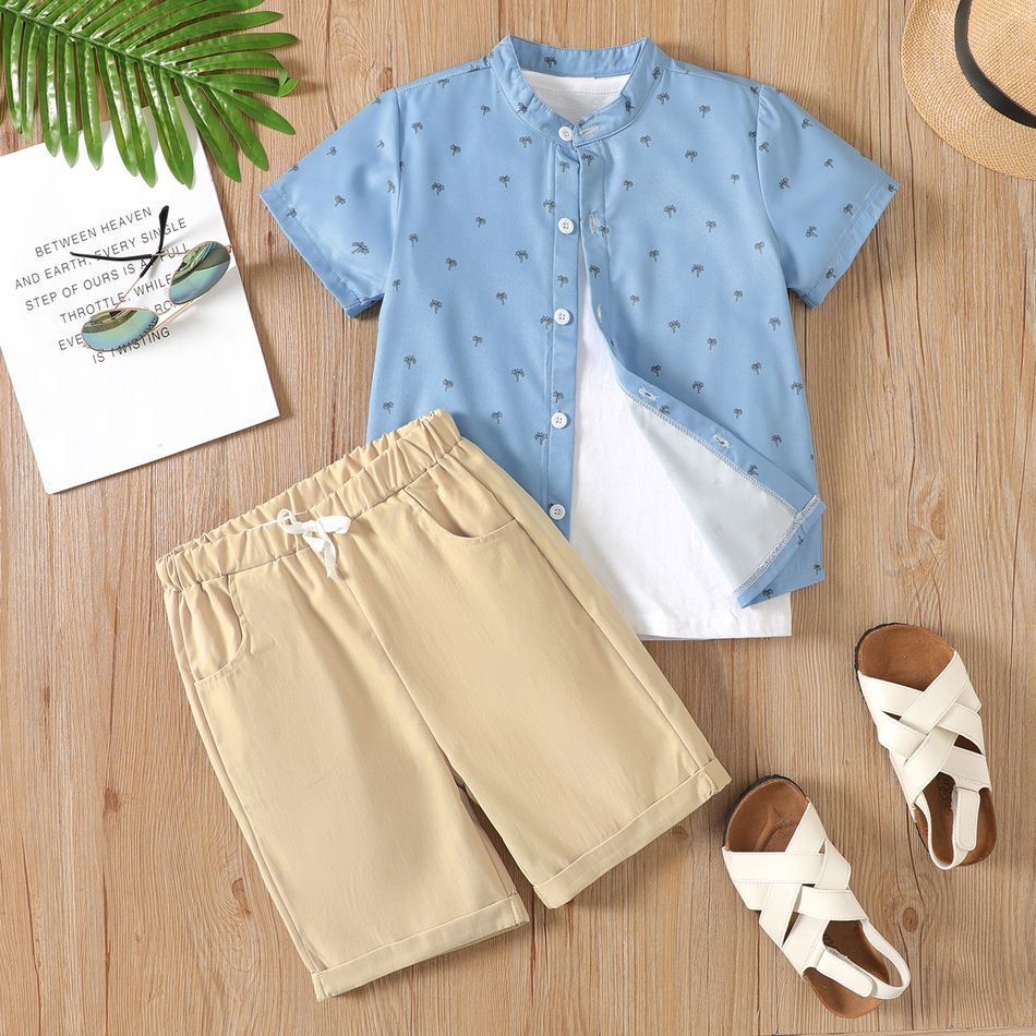 2pcs Kid Boy Tree Print Button Design Short-sleeve Shirt and Khaki Shorts Set DENIMBLUE