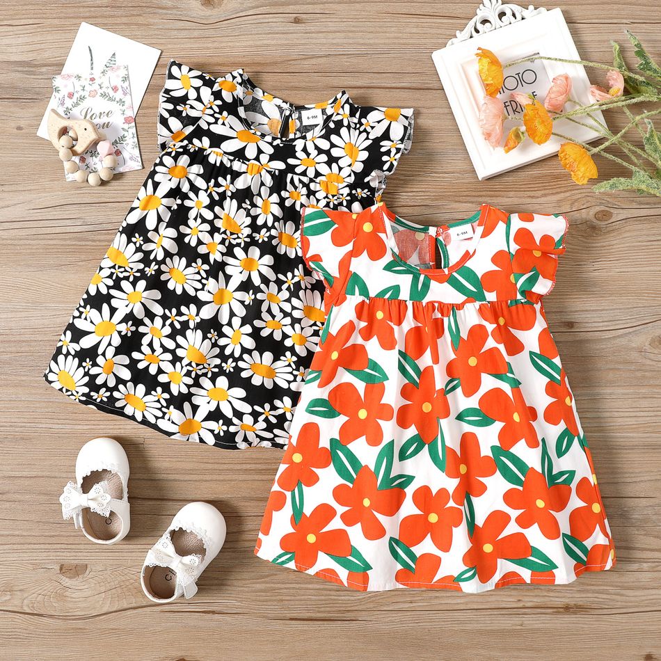 100% Cotton Baby Girl All Over Floral Print Flutter-sleeve Dress Orange big image 6