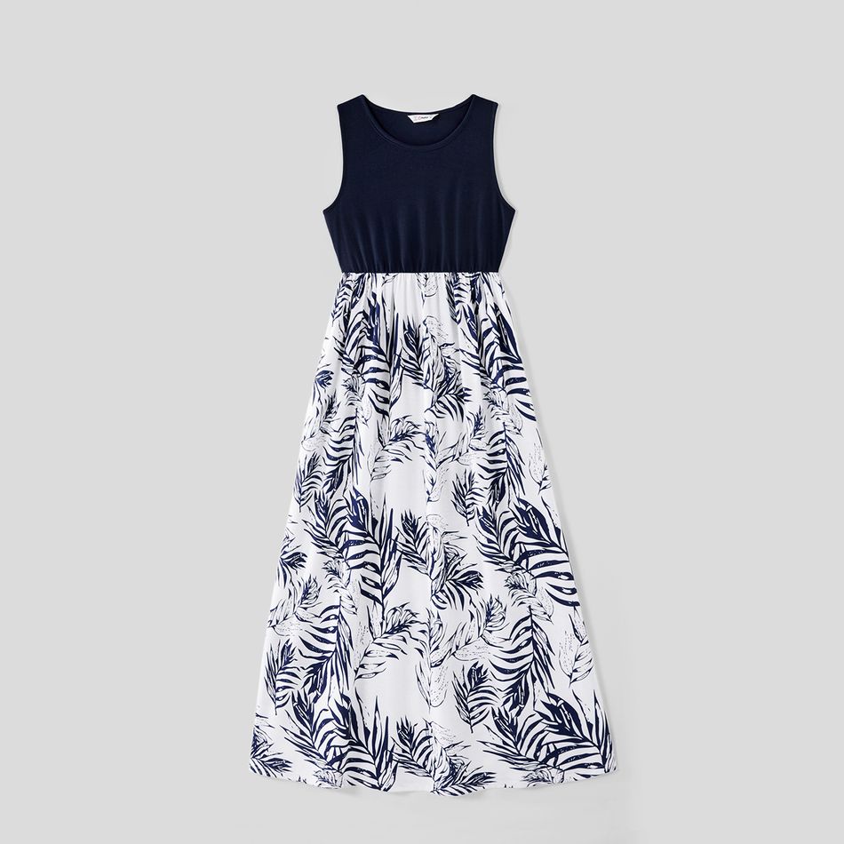 Family Matching Solid Splicing Plant Print Sleeveless Midi Dresses and Short-sleeve T-shirts Sets royalblue big image 2