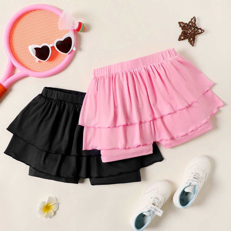 Kid Girl Solid Color Layered Elasticized Skirt Leggings Shorts Pink big image 2