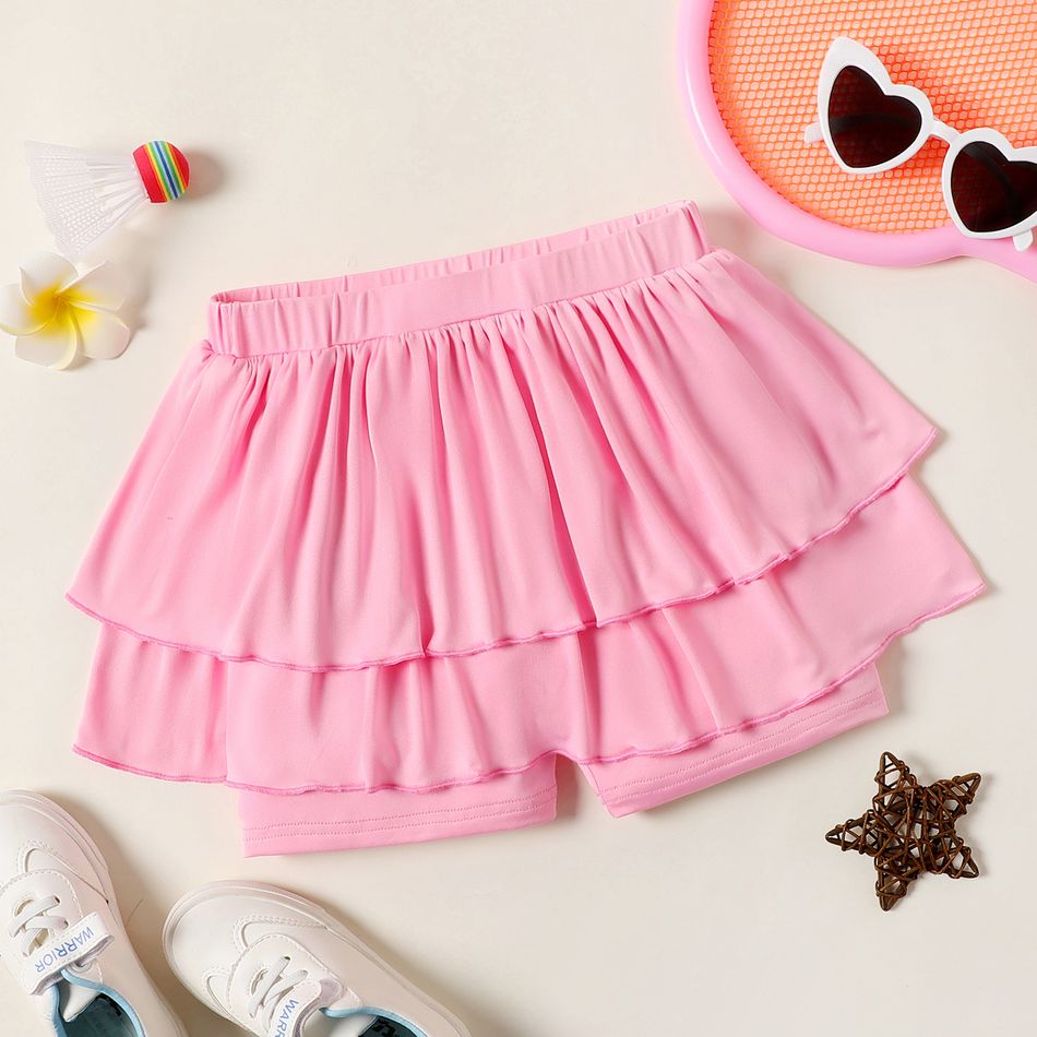 Kid Girl Solid Color Layered Elasticized Skirt Leggings Shorts Pink