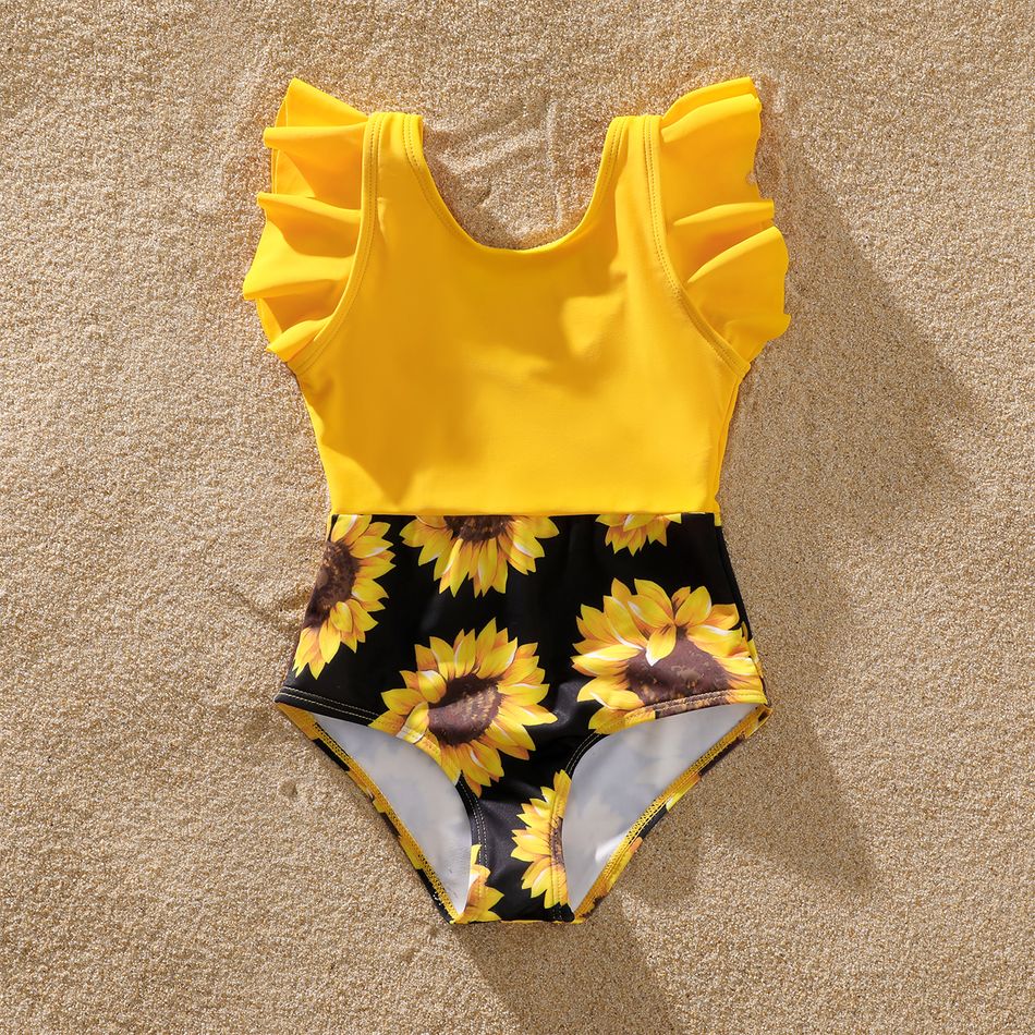 Family Matching Solid Splicing Sunflower Floral Print Ruffle One-Piece Swimsuit and Swim Trunks Shorts Yellow big image 6