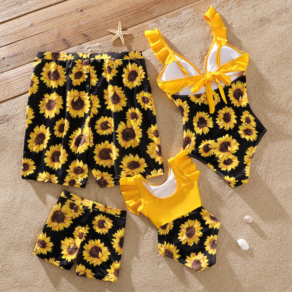 Family Matching Solid Splicing Sunflower Floral Print Ruffle One-Piece Swimsuit and Swim Trunks Shorts Yellow big image 2