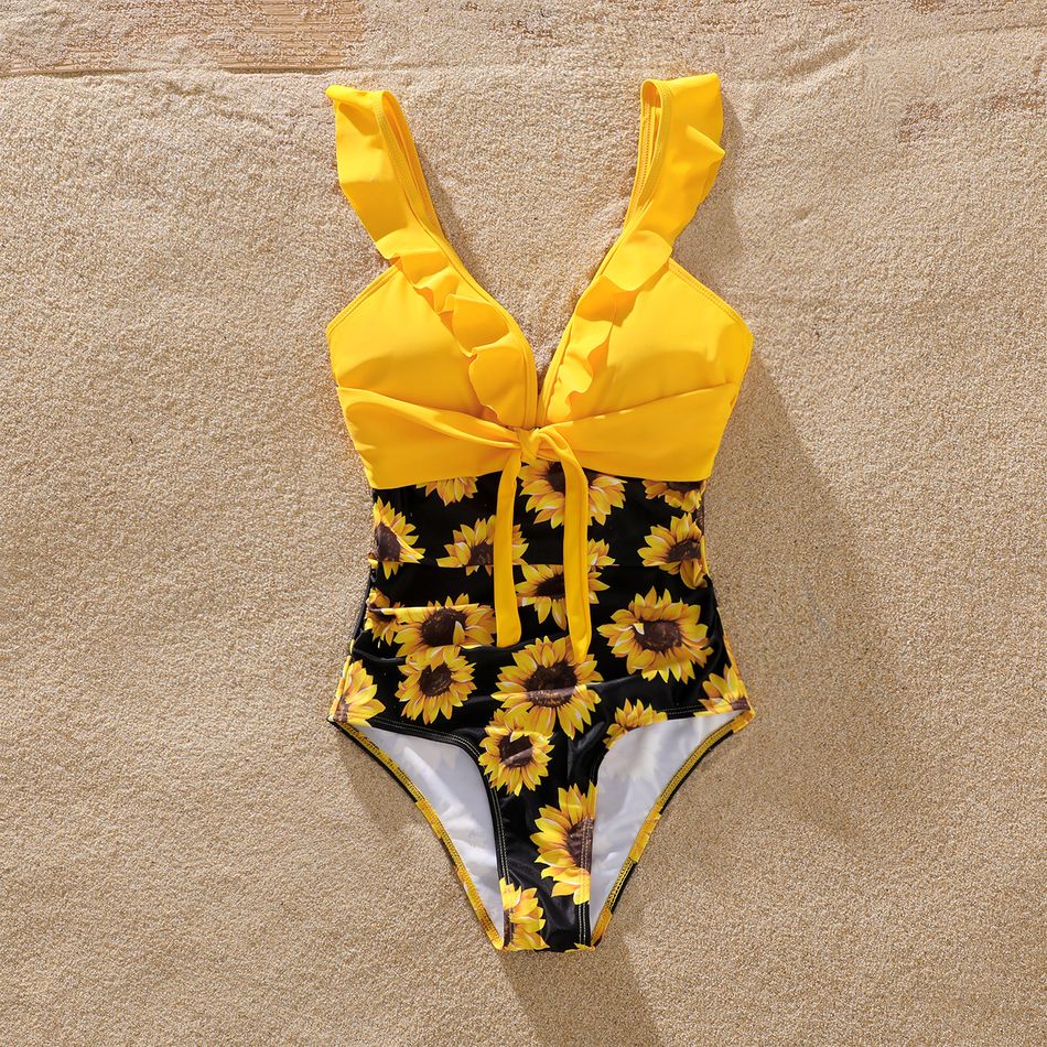Family Matching Solid Splicing Sunflower Floral Print Ruffle One-Piece Swimsuit and Swim Trunks Shorts Yellow big image 3