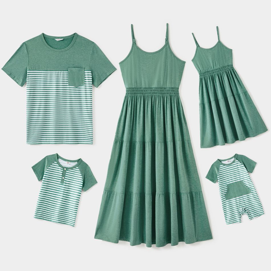 Family Matching Green Spaghetti Strap Tiered Dresses and Striped Splicing Short-sleeve T-shirts Sets aquagreen big image 1