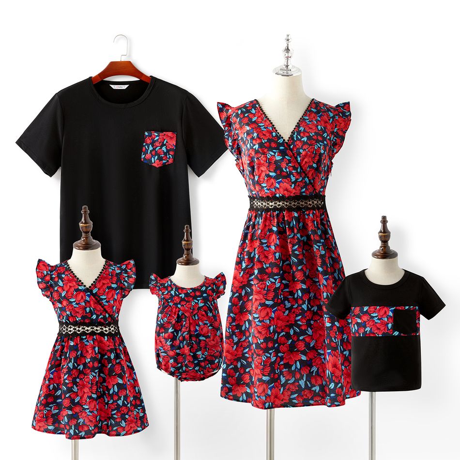 Family Matching Floral Print Cross Wrap V Neck Sleeveless Ruffle Dresses and T-shirts Sets Colorful