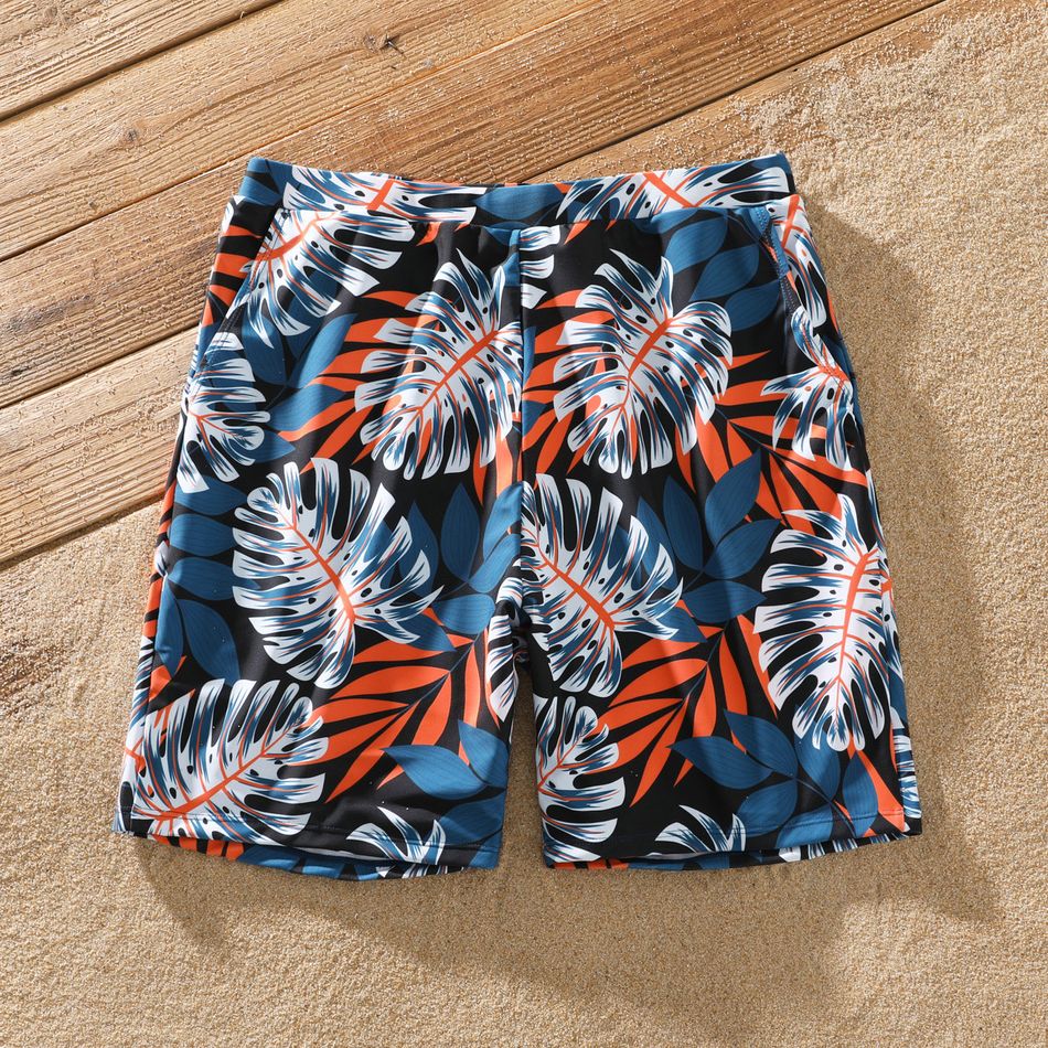 Family Matching Solid Splicing Palm Leaf Print Spaghetti Strap One-Piece Swimsuit and Swim Trunks Shorts Blue big image 8