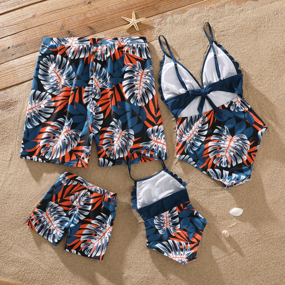 Family Matching Solid Splicing Palm Leaf Print Spaghetti Strap One-Piece Swimsuit and Swim Trunks Shorts Blue big image 2