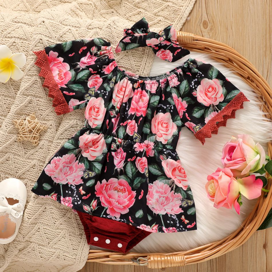 2pcs Baby Girl All Over Vintage Floral Print Lace Short-sleeve Romper with Headband Set Burgundy