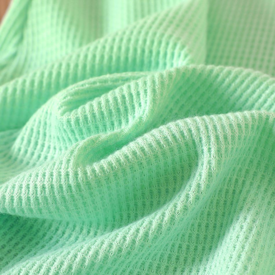 Kid Girl Lapel Collar Solid Color Waffle Short-sleeve Dress Green big image 4