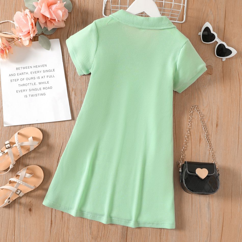 Kid Girl Lapel Collar Solid Color Waffle Short-sleeve Dress Green