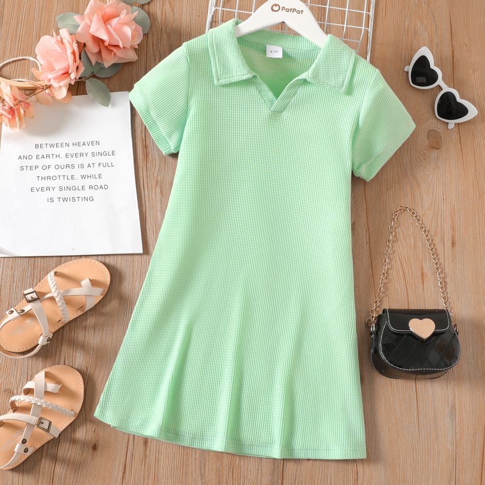 Kid Girl Lapel Collar Solid Color Waffle Short-sleeve Dress Green big image 1