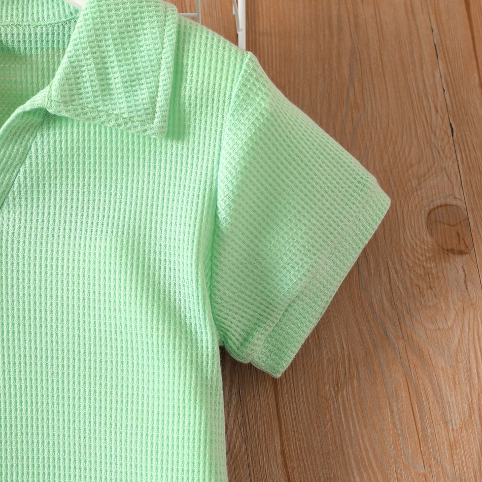 Kid Girl Lapel Collar Solid Color Waffle Short-sleeve Dress Green big image 3