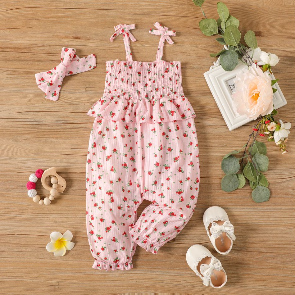 2pcs Baby Girl 95% Cotton Ribbed Floral Print Bowknot Spaghetti Strap Shirred Ruffle Jumpsuit with Headband Set Pink