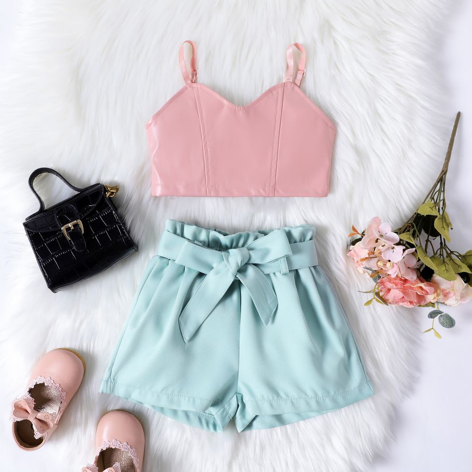 Toddler 2pcs Solid Sleeveless Pink Top and Belt Decor Blue Shorts Set Pink