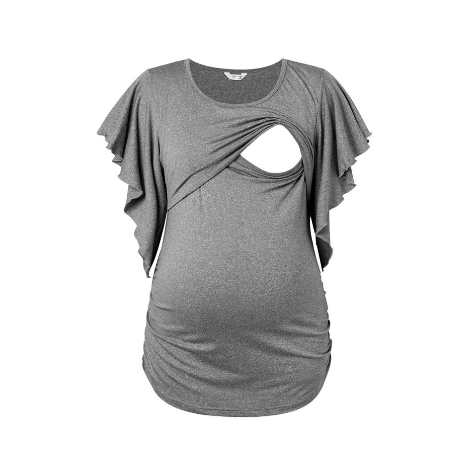 Nursing Ruffle-sleeve Ruched Side Grey Top Grey