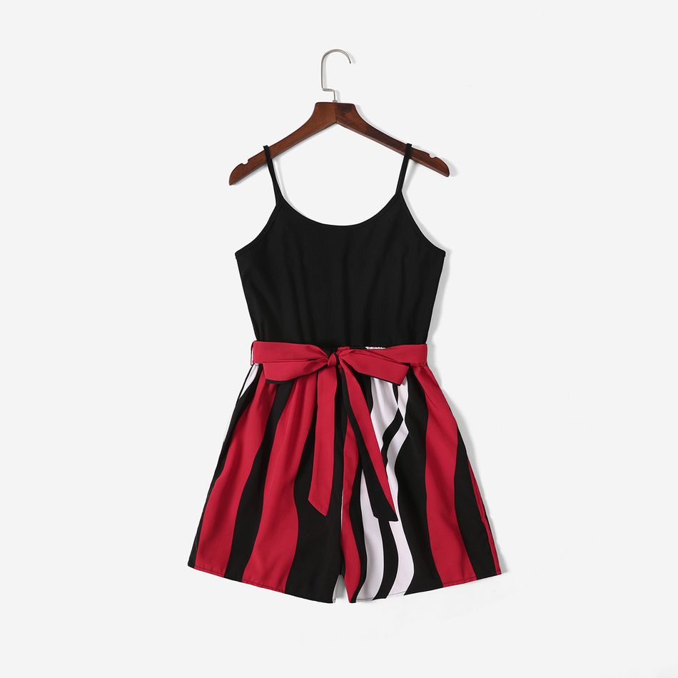Black Ribbed Spaghetti Strap Splicing Striped Belted Romper for Mom and Me Black/White/Red big image 2