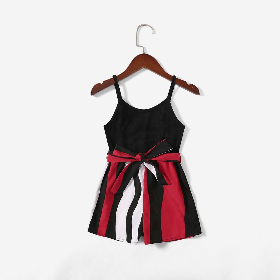 Black Ribbed Spaghetti Strap Splicing Striped Belted Romper for Mom and Me Black/White/Red big image 3