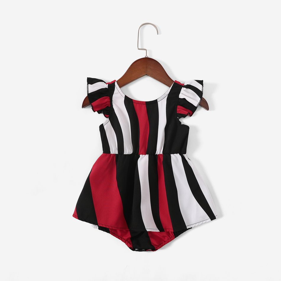 Black Ribbed Spaghetti Strap Splicing Striped Belted Romper for Mom and Me Black/White/Red big image 7