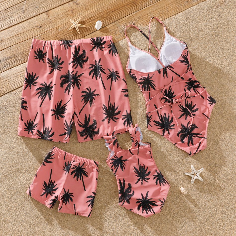 Family Matching All Over Coconut Tree Print Pink Swim Trunks Shorts and Spaghetti Strap One-Piece Swimsuit Mauve Pink big image 2