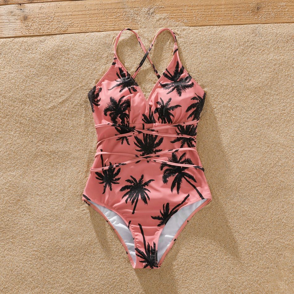 Family Matching All Over Coconut Tree Print Pink Swim Trunks Shorts and Spaghetti Strap One-Piece Swimsuit Mauve Pink big image 3
