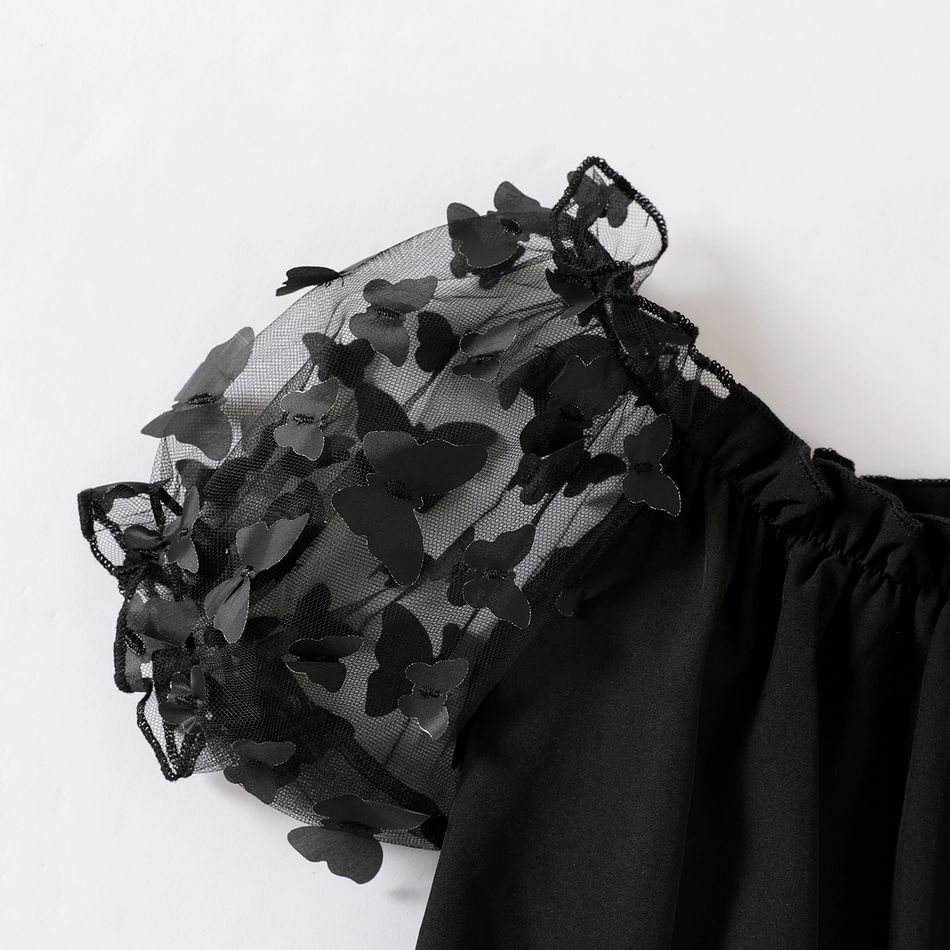 Kid Girl Butterfly Design Ruffled Mesh Short-sleeve Chiffon Blouse Black big image 3