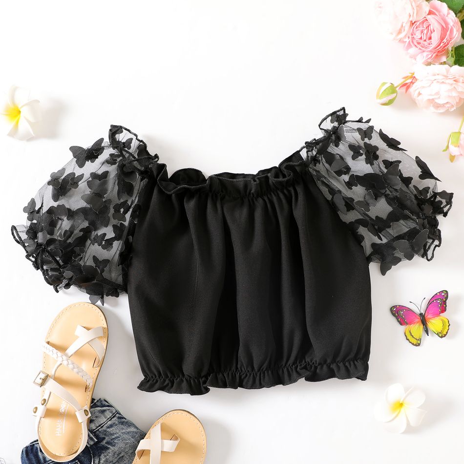 Kid Girl Butterfly Design Ruffled Mesh Short-sleeve Chiffon Blouse Black big image 2