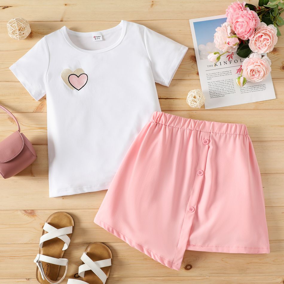 2-piece Kid Girl Heart Embroidered Short-sleeve Tee and Button Design Irregular Skirt Set Pink big image 1