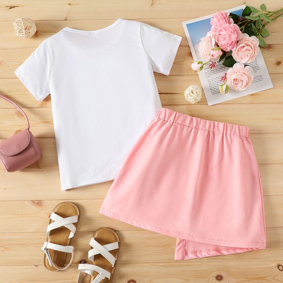 2-piece Kid Girl Heart Embroidered Short-sleeve Tee and Button Design Irregular Skirt Set Pink big image 2
